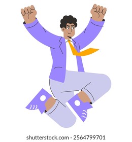 Businessman concept. Dynamic entrepreneur celebrating success with a cheerful jump. Career achievement, joy, and victory expression in professional attire. Vector illustration.