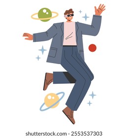 Businessman concept. A dynamic illustration portraying a businessman in space with planets orbiting around him, conveying innovation and exploration. Vector illustration.