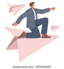 Concepto de hombre de negocios. Un ejecutivo masculino dinámico montando un avión de papel, que simboliza la visión y el liderazgo. Liderazgo moderno, crecimiento profesional, innovación en los negocios. Ilustración vectorial.