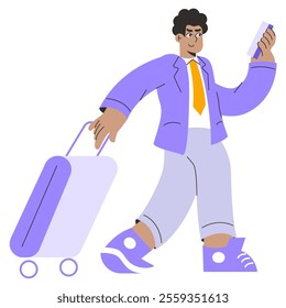 Businessman concept. An entrepreneur with a suitcase strides forward while checking his mobile device, ready for corporate travel. Vector illustration.