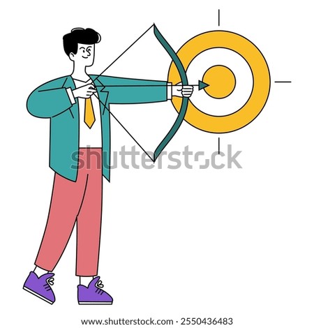 Businessman concept. Illustrated scene of a focused businessman aiming an arrow at a target, symbolizing goal setting and achievement. Vector illustration.
