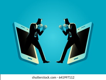 Businessman concept illustration of businessmen with boxing gloves comes out from cellular phone ready to fight