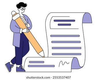 Businessman concept. An illustration showing a cheerful businessman holding a giant pencil next to a large document, representing contract signing or agreement finalization. Vector illustration.