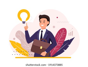 Businessman concept illustration. Businessman with a suitcase has a good idea