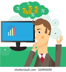 Businessman and a concept of looking for a start up idea.Vector illustration.