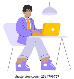 Businessman concept. A modern professional working on a laptop at an office desk. Focus, hard work, and digital technology in business. Vector illustration.