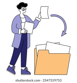 Conceito de empresário. Um profissional organizado classificando documentos em uma pasta. Eficiência do fluxo de trabalho do escritório, gerenciamento de papéis. Ilustração vetorial.