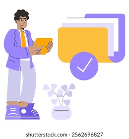 Businessman concept. Professional with digital tablet confirming successful file organization amidst minimalistic workspace. Efficient data management, workplace productivity. Vector illustration.