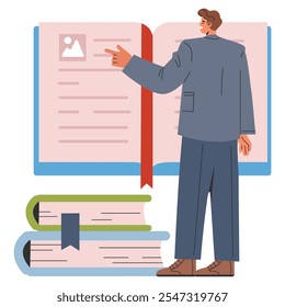 Businessman concept. Professional male presenting a report, with large books symbolizing research and knowledge. Career development and education theme. Vector illustration.