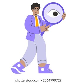 Businessman concept. A professional man keenly examining details through a magnifying glass. Analysis, focus, and discovery in a business setting. Vector illustration.