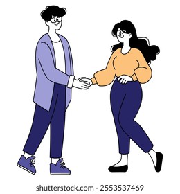 Businessman concept. Professional man and woman engage in a formal handshake. Partnership initiation, friendly work environment. Vector illustration.