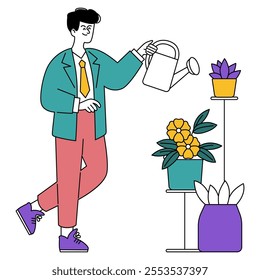 Businessman concept. A professional nurturing growth with care, watering plants as a metaphor for investment. Corporate responsibility. Vector illustration.