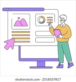 Geschäftsmann-Konzept. Eine professionelle Datenanalyse auf einem Computerbildschirm. Unternehmensstrategie und -analyse. Vektorgrafik.