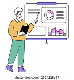 Businessman concept. A professional presenting data with graphics on a digital board. Analyzing performance, strategic planning in business. Vector illustration.