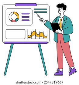 Concepto de hombre de negocios. Un profesional que presenta datos y gráficos durante una reunión de negocios. Análisis Corporativa de la estrategia y discusión del informe. Ilustración vectorial.