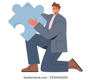 Businessman concept. Professional in a suit confidently assembling a large puzzle piece, representing solution finding. Vector illustration.