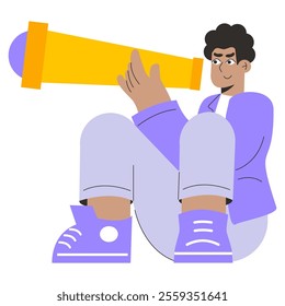 Businessman concept. Professional in a suit using a telescope, searching for opportunities in business and strategy. Focused vision for future success. Vector illustration.