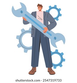 Businessman concept. Professional tackling challenges with a giant wrench against a cogwheel background. Problem-solving in a corporate environment. Vector illustration.