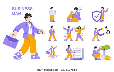 Conjunto de conceitos de empresário. Diversas atividades de um executivo no trabalho e na vida. Apresentações, planejamento estratégico e celebrações de sucesso. Ilustração vetorial.