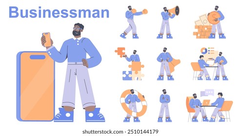 Businessman concept set. A diverse range of office activities and business tasks illustrated. Collaboration, communication, and leadership in corporate settings. Vector illustration.