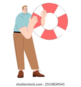 Concepto de hombre de negocios. Un personaje masculino sonriente sosteniendo un salvavidas que simboliza la Asistencia y la seguridad en los negocios. Profesional ocasional que ofrece ayuda. Ilustración vectorial.