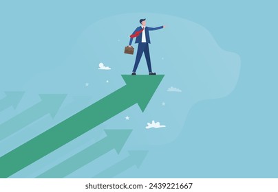 Businessman in the concept of success, Business manager standing on Large Arrow soaring on the sky.