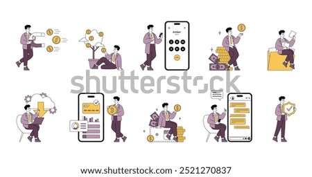 Businessman concepts set. Professional engaging in various financial operations, digital marketing, and online communication. Modern workplace scenarios. Vector illustration.