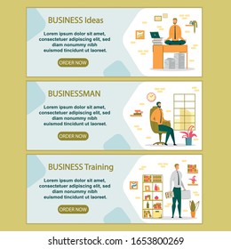 Businessman Conduct Business Training, Meditating at Workplace for Having Creative Ideas. Office Life Working Routine, Business Person Lifestyle Cartoon Flat Vector Illustration Horizontal Banners Set
