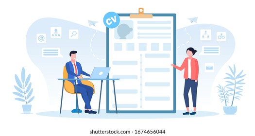 Businessman conducting a employment interview with a potential job applicant standing alongside a CV backdrop in a human resources and work vacancy concept, vector illustration