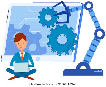 Empresario realizando experimentos con brazo mecánico. Inteligencia artificial para el desarrollo de las nuevas empresas. Brazo robótico para levantar pesas, trabajo de producción. Tecnologías modernas para proyectos de nuevos negocios