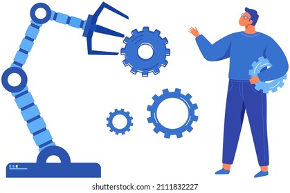 Businessman conducting experiments with mechanical arm. Artificial intelligence for startup development. Robotic arm for lifting weights, production work. Modern technologies for new business project