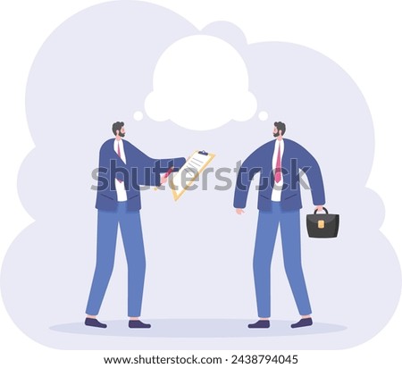 Businessman is conducting a survey. Businessman answers questions of interview. Concept of survey, 

