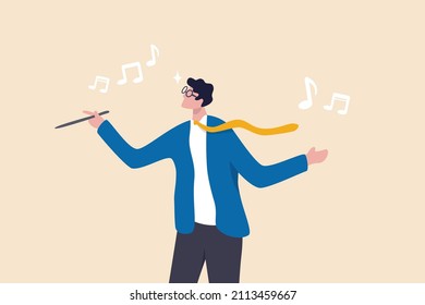 Businessman conductor with baton conduct music metaphor of leadership to lead company to success, manager to guide and control team concept.