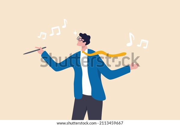 Businessman conductor with baton conduct music\
metaphor of leadership to lead company to success, manager to guide\
and control team\
concept.