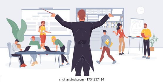 Businessman conductor managing office work by wood stick metaphor. Effective business time management, employee directing. Entrepreneurship, teamwork, coworking, healthy workflow condition maintenance