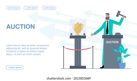 A businessman conducts an auction, and there is a trophy on a pedestal nearby flat vector illustration
