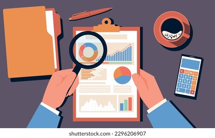 Businessman conducts data analysis and financial calculations. Man examines charts and diagrams, uses a magnifying glass, top view, statistic information. Cartoon flat isolated vector concept