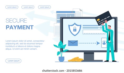 businessman conducts secure payment from computer with card and sms verification flat vector illustration