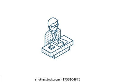 businessman conference, presentation, isometric icon. 3d vector illustration. Isolated line art technical drawing. Editable stroke