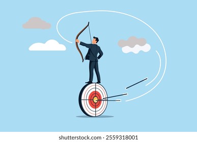 Businessman confidently aiming at bullseye target, concept of achieving goals, business success, marketing strategy, perfection, easy success, focus, and skill in reaching objectives. 