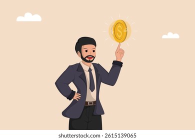 A Businessman Confidently Balancing a Large Gold Coin on His Finger, Symbolizing Expertise in Money Management and Growth.