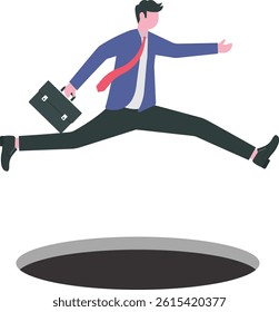 Businessman confidently jumping over a hole. Hurdle on way concept

