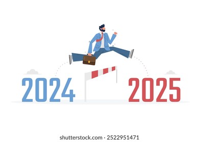 A businessman confidently jumps from 2024 to 2025, symbolizing progress and transition. White isolated background.