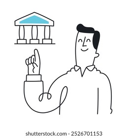 Businessman confidently pointing towards a bank building, symbolizing financial leadership. Doodle style with an editable strike.