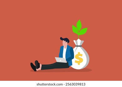 Businessman confidently sitting side of money plant, concept of wealth and financial success. Idea for investor, investment, business tycoon