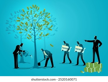 Businessman confidently standing on a stack of cash, commanding workers to cultivate money trees. Concept for corporate slave, corporate hierarchy, capitalism, or economic power