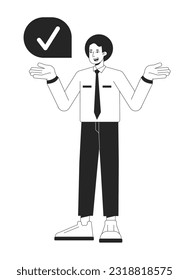 Businessman confirmation bw concept vector spot illustration. Male office employee correct 2D cartoon flat line monochromatic character for web UI design. Yes editable isolated outline hero image