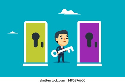 a businessman is confuse between two door. vector illustration