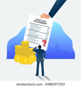 Businessman confused about cash flow statement vector illustration