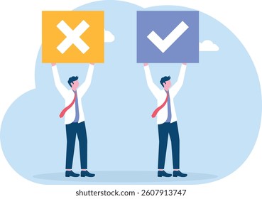 Businessman is confused about the choice between mistake and right


